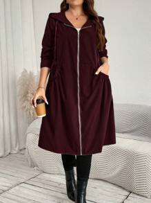 SHEIN LUNE 加大码时尚纯色连帽口袋设计中长款夹克秋季带口袋女式风衣外套冬装 - 酒紅色 - 查看 5