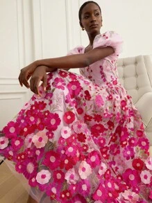 GENKIRA Đầm dài tay bồng thêu hoa cổ chữ V sang trọng thanh lịch mùa xuân/hè mới cho nữ - Nhiều màu - Xem 1