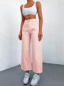 Cottnline High Waist Cropped Wide Leg Jeans - Pink - View 3