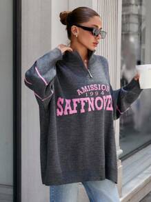 SHEIN Cottnline Women's Stand Collar Sweater With Letter Pattern - Dark Grey - View 4
