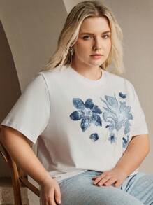 Anewsta Women Summer Elegant Niche Design Sequins Embroidered White Short Sleeve T-Shirt, Slim Fit - Blue - View 2