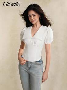 Teenagers (Girls) Casual Elegant Blouse, Peter Pan Collar V-Neck White Shirt With Puff Sleeves And Waist Cinched White Tops For Women Women Blouses Teen Blouses Fancy White Tops Puff Sleeve Tops