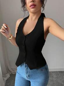 Elenzga Women's Solid Color Casual Buttoned Halter Neck Top - Black - View 4