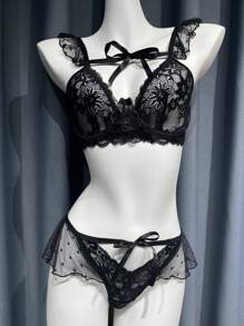 PetitDoll 女士2件套蕾丝内衣套装（含钢圈、三角内裤） - 黑色 - 查看 6