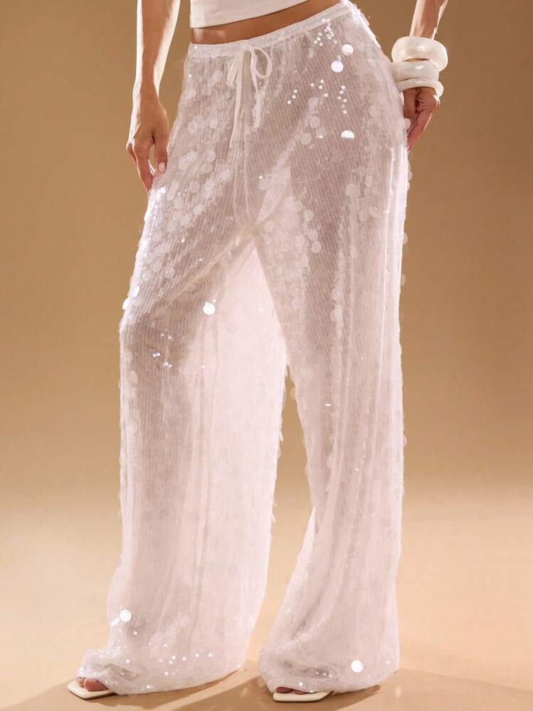 SHEIN x Eduarda Gutierrez SHEIN BAE Women's Summer White Sequined Patchwork Drawstring Waist See-Through Loose Pants, Casual Trousers, Loose Wide-Leg Trousers,  Sequined Trousers, Vacation Trousers,Boho Clothes Women,Beach Outfits,Going Out - White - View 6