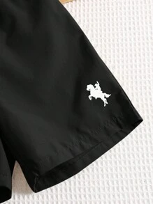 SHEIN 2 件套年轻男孩学院风休闲日常舒适白色 Polo 衫和短裤套装，小马装饰，适合学校、聚会、春夏季、返校服装 - 灰色 - 查看 9