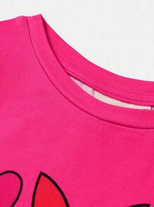 THE POWERPUFF GIRLS X SHEIN Bộ 2 món/bộ áo phông và quần legging họa tiết hoa hồng dễ thương ngọt ngào cho bé gái, bong bóng, hoa mao lương, phù hợp cho mùa xuân, hè, thu - Màu Hồng Tươi - Xem 3