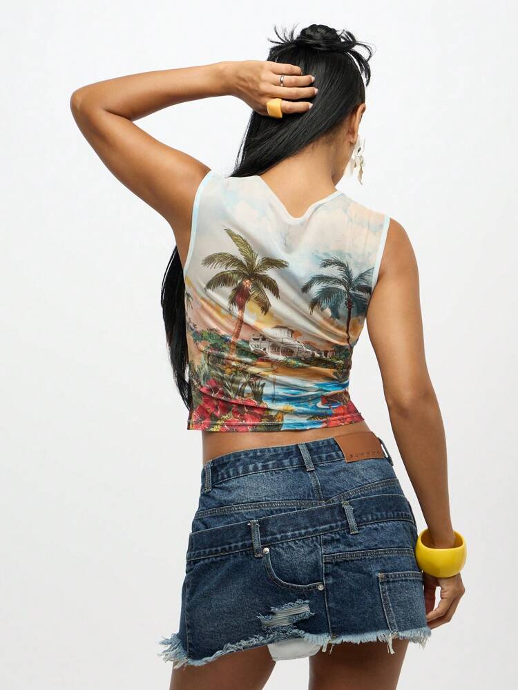 SUMWON WOMEN Retro Palm Tree Print Mesh Sleeveless Fitted Crop Tank Top