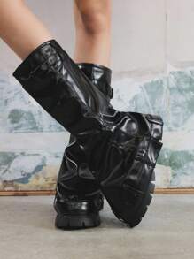 Sugerpunk Nuevos botines occidentales de plataforma y tacón grueso para otoño/invierno, botas cowgirl con caña, 5CM de moda con puntera redonda cómoda - Negro - Ver 3