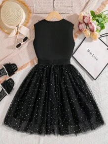 Tween Girl Sequin Mesh Ruffle Bow Decor Camisole & Sequin Mesh Skirt Set - Black - View 2