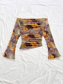 Soleia Blus Wanita Motif Leopard Cokelat dan Bunga, Atasan Lengan Panjang Model Lonceng Gaya Boho untuk Liburan, Atasan Pas Badan Berkerut Motif Bunga Lili untuk Musim Gugur, Gaya Liburan - Coklat - View 2