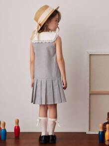 PrepCrw Young Girls Preppy Style Black & White Striped Patchwork Collar Front Button Sleeveless Dress Girls School Uniform School Tops Teen Girl Clothes For School Cute Tops For School Uniform School For Girls Back To School Outfits Girls Back To School Outfit First Day Of School Outfits - Black and White - View 2