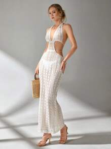 CLARA VERO EURMUSE Deep V Neck Clevage Cut Out Detailed Crochet Hollow Out Backless Maxi Knitted Cover Up Dress For Summer Beach Vibes