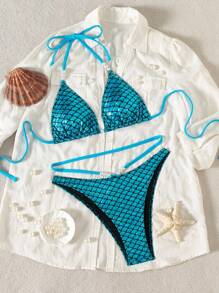 Swim SXY 2 件女式夏季海滩鳞片状铝箔纹理上衣，带吊带领和珍珠装饰比基尼泳装 - 藍色 - 查看 5