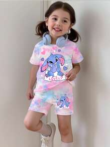 SHEIN 女婴卡通兔子印花扎染圆领短袖T恤和针织打底短裤套装，夏季扎染女婴亲子装 - 彩色 - 查看 8