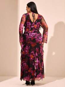 SHEIN BAE 大码浪漫长袖连衣裙，甜美荷叶边，适合约会、旅行、秋季家居服、蝴蝶结、女士夏季连衣裙、女士节日派对服装、优雅、生日服装、网眼、性感连衣裙、大码生日礼服、上衣、合身、纯色T恤、西方女装、复活节、春季服装、紫色和黑色印花长网眼连衣裙 - 紫色 - 查看 4