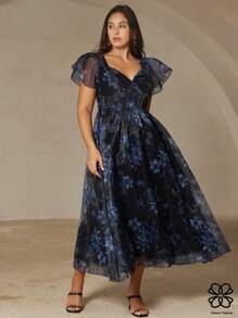 Aveloria 蓝色夏季优雅女士长裙，随机精致法式甜心领口欧根纱渐变色花卉印花透明泡泡袖 A 字型束腰加大码 - 彩色 - 查看 3