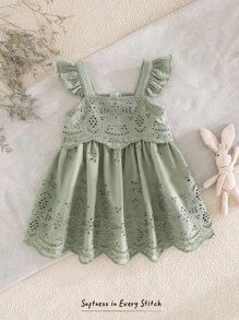 Cozy Pixies Baby Girl Ruffled Strap Waist Dress Sage Green Baby Dress Green Baby Girl Dress Olive Green Baby Dress Baby Girl Eyelet Dress Baby Girl Lace Dress - Green - View 3