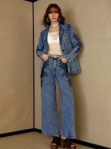 MOTF PREMIUM CASUAL ELEGANT EMBROIDERED LOOSE DENIM BLAZER - Blue - View 4