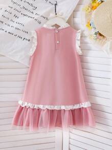 SHEIN Young Girl Pink Sleeveless Lace Trim Princess Dress, Mesh Patchwork Ruffle Hem Cute Summer Beach Vacation Dress For Little Girls - Pink - View 2
