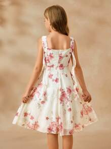 SHEIN Tween Girls' Floral Print Ruched Fancy Party Dress - Apricot - View 2