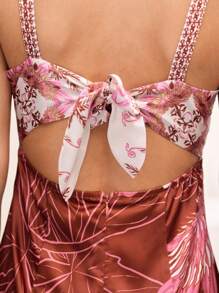 Sunsella Robe longue à imprimé, bretelles, avec nœud et découpe, ajustée, pour l'été, tenue de vacances et de sortie pour femmes