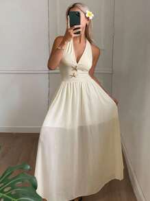 DAZY Damen Gold Metall Seestern Dekor rückenfrei Bindeband Vorderseite Chiffon Kleid, geeignet für Strandurlaub Kreuzfahrt Outfit für Frauen - Butter Yellow - Übersicht 3