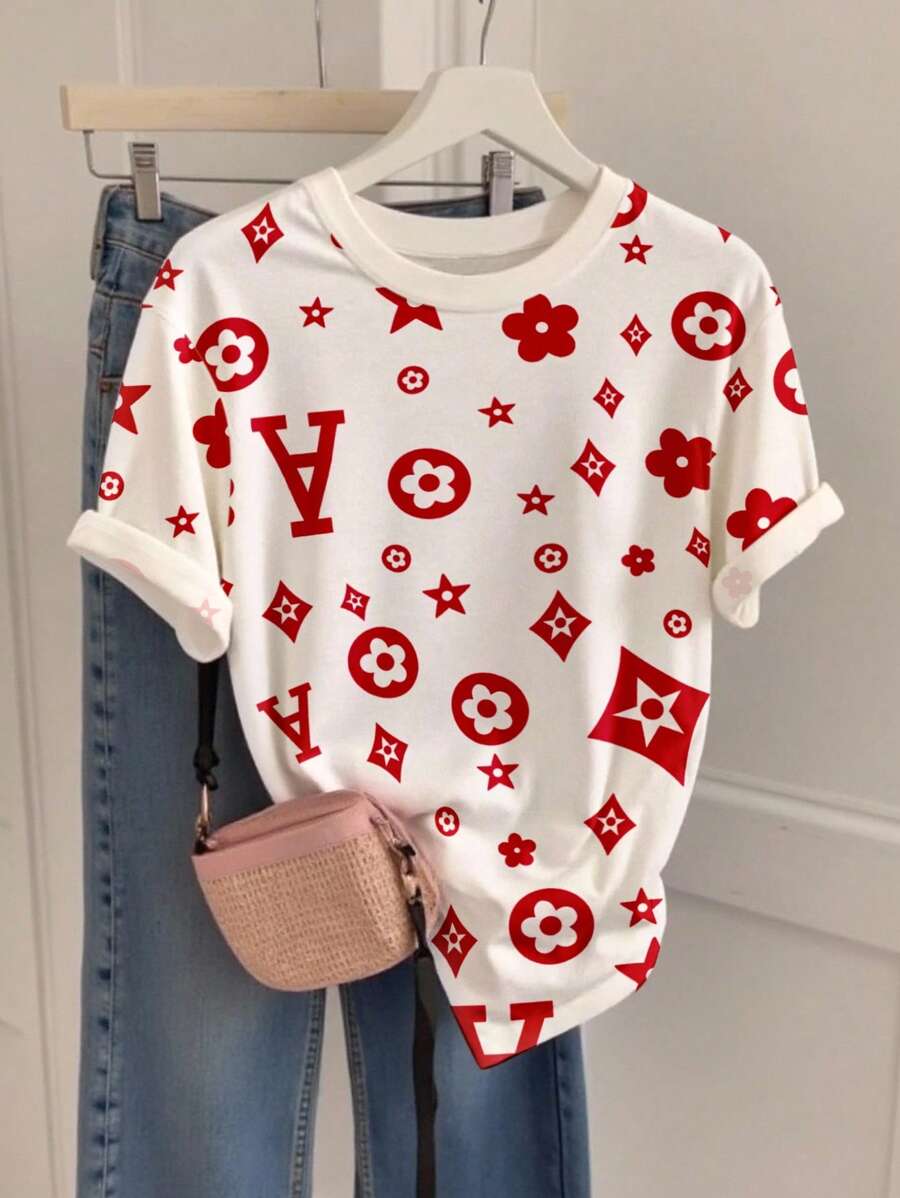 Women's Round Neck All-Over Print T-Shirt, Casual Everyday Top, Comfortable Colorful Pattern Suitable For Daily Wear - White - View 1