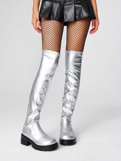 Goth Botas altas de mujer de moda con puntera redonda, tacón grueso y bloque, cómodas botas de muslo alto para otoño con cordón ajustable y cremallera lateral