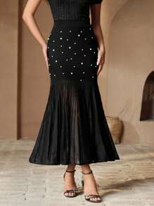 Anewsta 全新时尚女式欧根纱网眼串珠透视裙 - 黑色 - 查看 7