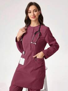 TaskEZ Plain Color Half-Button Front Long Sleeve Pocket Patchwork /Nurse Scrub Uniform Set - Hot Pink - View 3