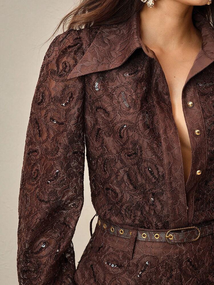 Women's Elegant Christmas/Thanksgiving Sequin Lace Long Sleeve Shirt & Flared Pants 2 Pieces Formal Set, Vintage Slimming Look