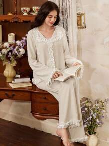 Côtesoire Southern France Elegant Lace Patchwork Textured Knit Pajama Set For Women Ruffle Pajama Set Cozy And Elegant Details, Fall Winter Clothes - Beige - View 4