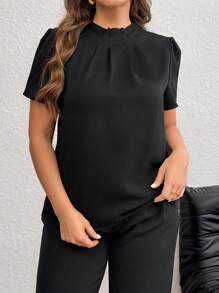 Firerie Plus Solid Puff Sleeve Blouse Spring To Summer - Black - View 2