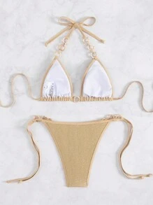 Swim Vcay Nya Sommar Kvinnor Halter String Cirkulär Ring Dekor Axelrem + Triangelbyxor Cirkulär Ring Dekor String Enfärgad Sexig Avslappnad Semester Bikiniset - Kaki - Visa 4
