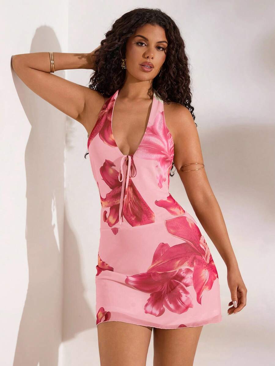 Opulessa 女式性感花卉印花露背迷你挂脖连衣裙，夏季 - 粉色 - 查看 1