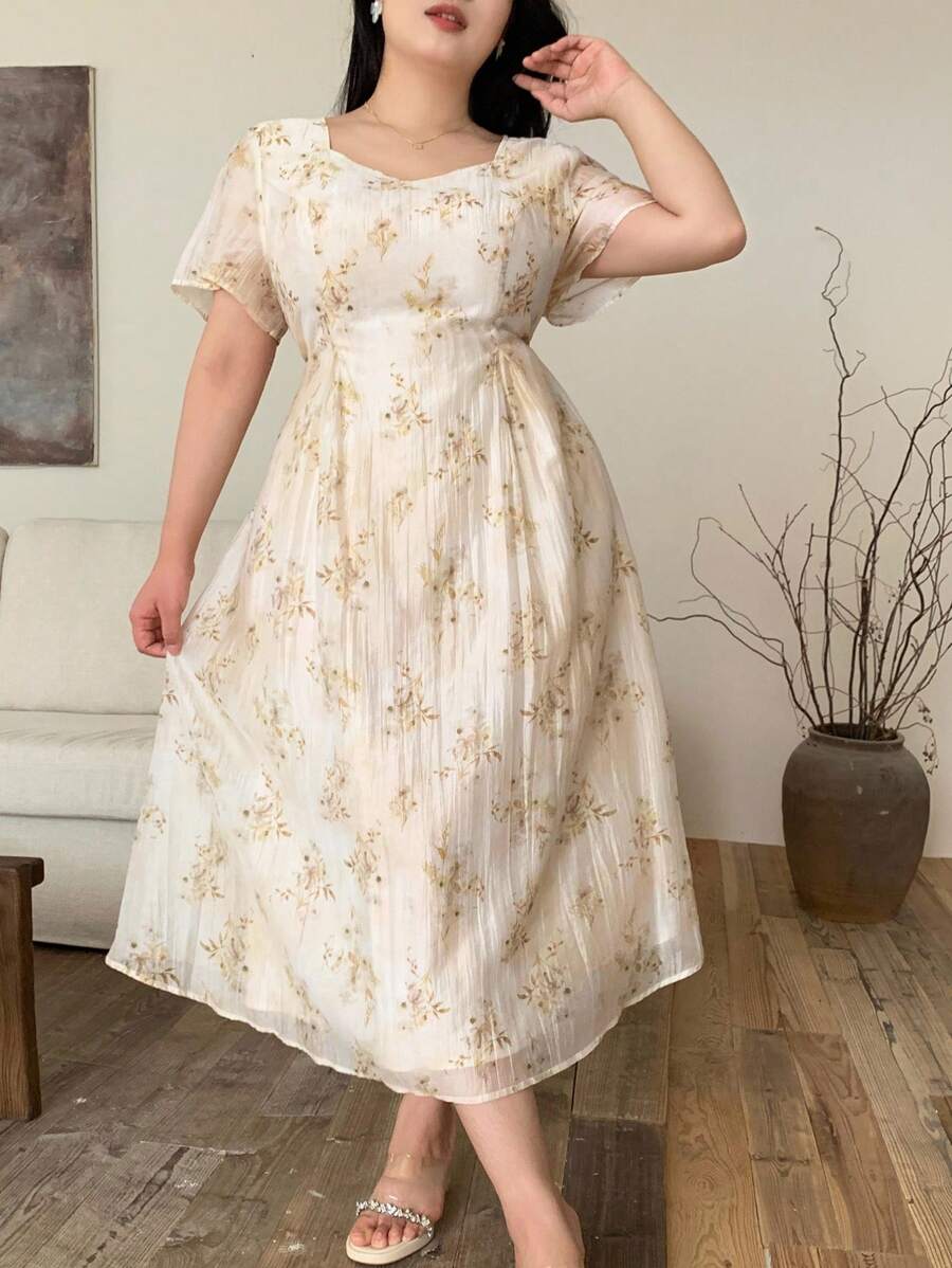 Modelyn 女式加大码方领印花束腰连衣裙，时尚夏季 - 彩色 - 查看 1