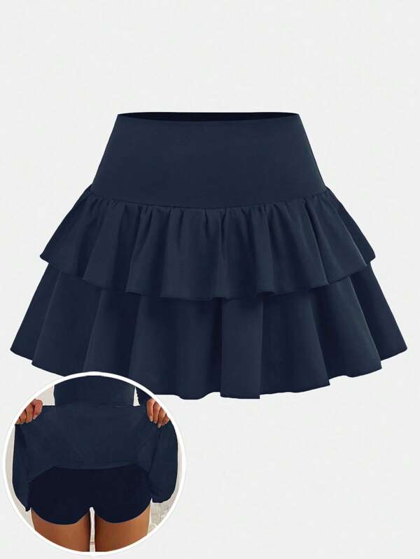 SHEIN Girlism Jupe mini à volants multicouches, style décontracté, sport, universitaire, rentrée scolaire pour adolescentes. Jupe noire, idéale pour le printemps et l'été.