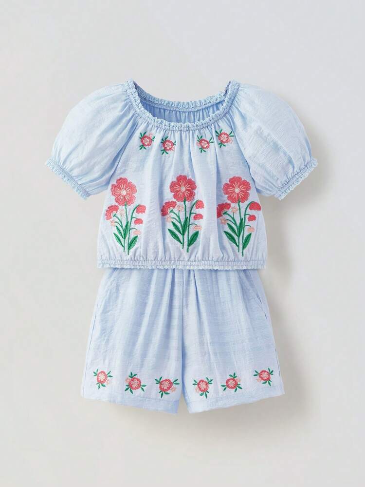 2 pièces Ensemble chemise à manches bouffantes à imprimé floral et shorts pour jeune fille