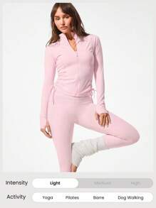 GLOWMODE FeatherFit™ Cool Contour Sweat-Wicking Stretchy Side Drawstring Slim Fit Jacket With Thumbholes Zipper Guard Low-Impact Yoga Pilates Barre Studio Daily Casual Wear - Baby Pink - View 5
