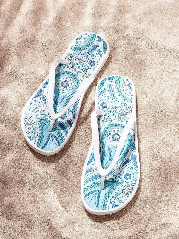 Chanclas de mujer de unicolor y con estampado exótico a la moda, sandalias de dedo con suela antideslizante para vacaciones y playa