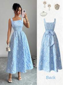 Elenzga 全新女式纹理花卉编织面料纯色宽肩带露背蝴蝶结设计时尚年轻合身通勤休闲收腰修身优雅精致年轻百搭中长连衣裙 - 藍色 - 查看 1