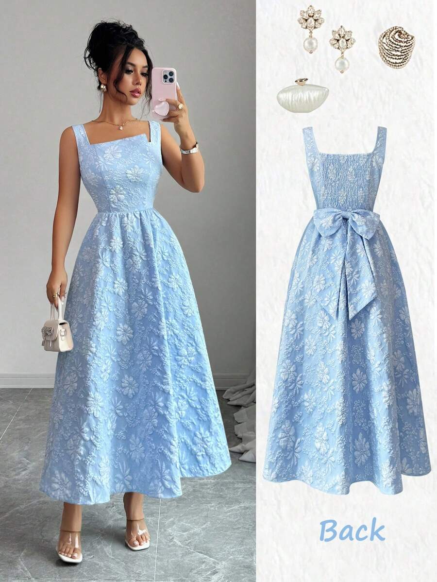 Elenzga 全新女式纹理花卉编织面料纯色宽肩带露背蝴蝶结设计时尚年轻合身通勤休闲收腰修身优雅精致年轻百搭中长连衣裙 - 藍色 - 查看 1