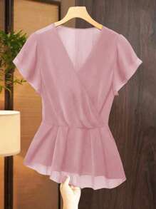 Flirla Plus Size Women Elegant Chiffon V-Neck Ruffle Short Sleeve Fashion Blouse - Pink - View 1