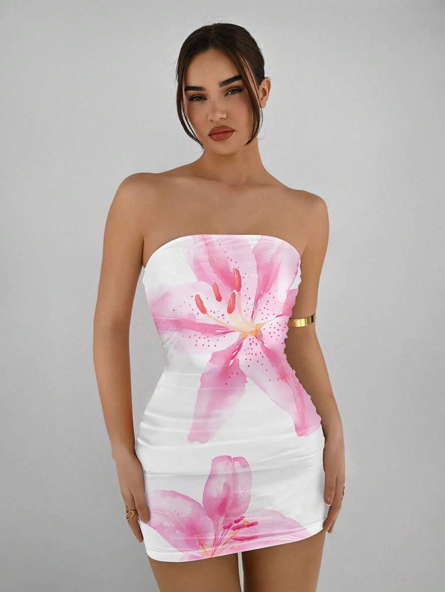 Aloruh Vestido informal y entallado sin tirantes con estampado de lirio de acuarela, apropiado para el verano, vacaciones, playa y festivales de música