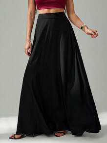 SHEIN Tall Women's Solid Color With Slanted Pockets Practical Elegant Simple Commuting Office A-Line Umbrella Skirt - Black - View 3