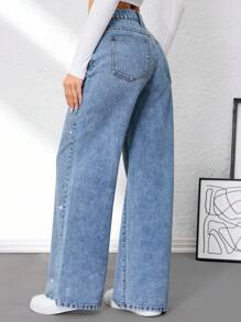 SHEIN Tall 女式 Y2k 休闲时尚钻石装饰口袋牛仔裤 返校秋季女装牛仔裤 - 藍色 - 查看 2