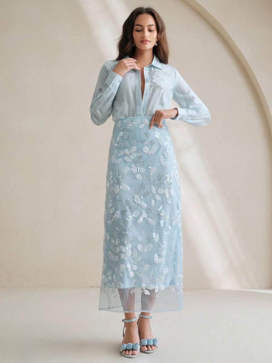 Anewsta 女式新款亮片网眼铅笔裙，串珠装饰紧身裙 - 藍色 - 查看 1