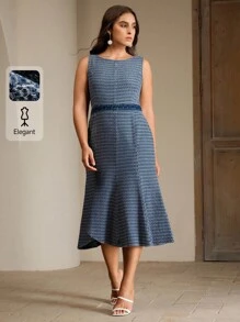 Anewsta Plus Size Stylish Slim-Fit Mid-Length Elegant Sleeveless Jacquard Denim Dress, Suitable For Women In Spring/Summer, Easter - Blue - View 1