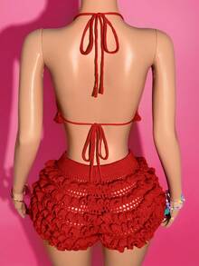 Slaydiva 2 件套 2025 春夏新款度假风格手工编织紫红色细肩带短款上衣和多层荷叶边针织迷你短裤套装，适合音乐节、复活节、毕业典礼、学生装、休闲郊游、多功能、度假、邮轮旅行、海滩、影响者、性感 Y2K 风格 - 紅色 - 查看 3